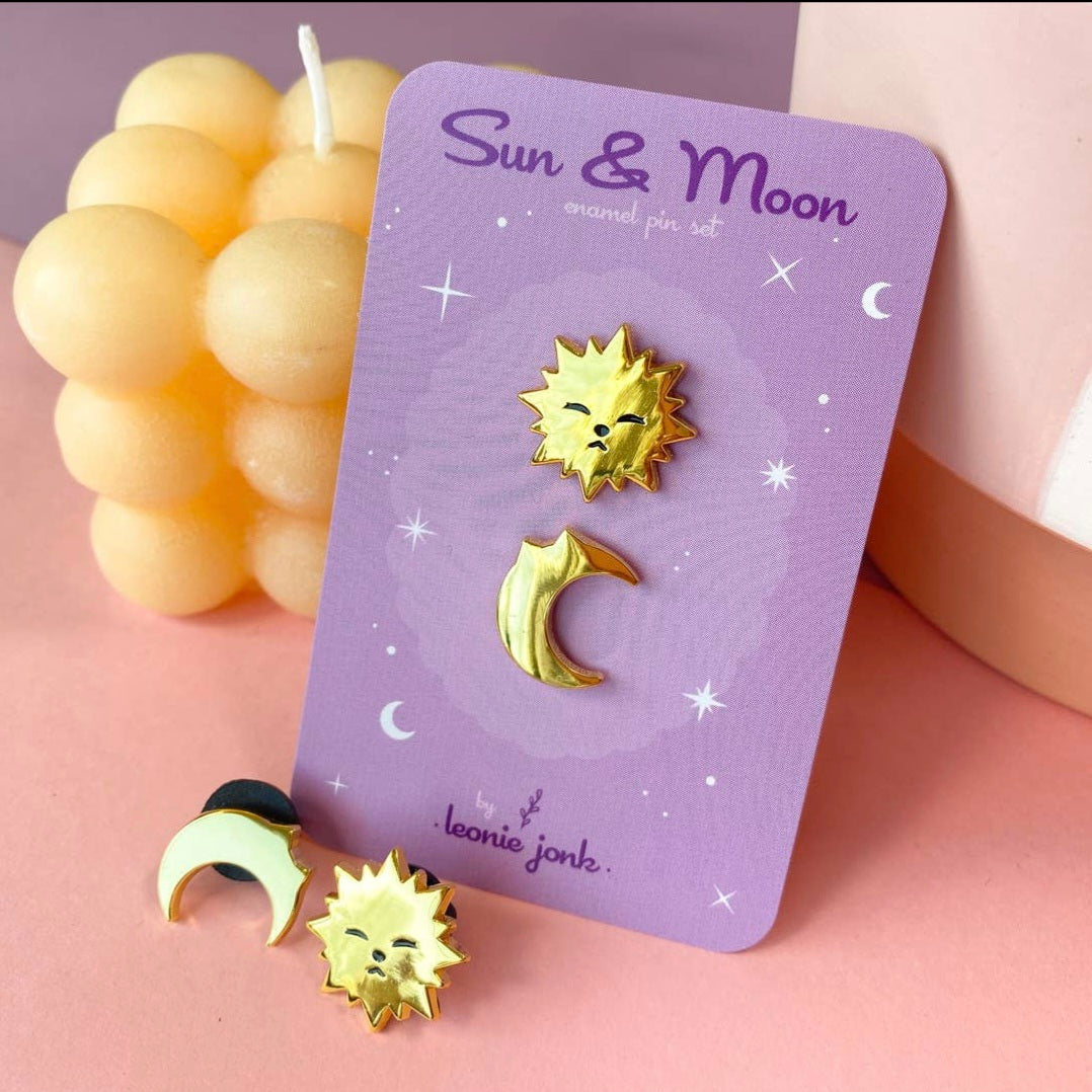 🌞 Duo Mini Pins Chaton Soleil & Lune – Création Art by Leonie Jonk